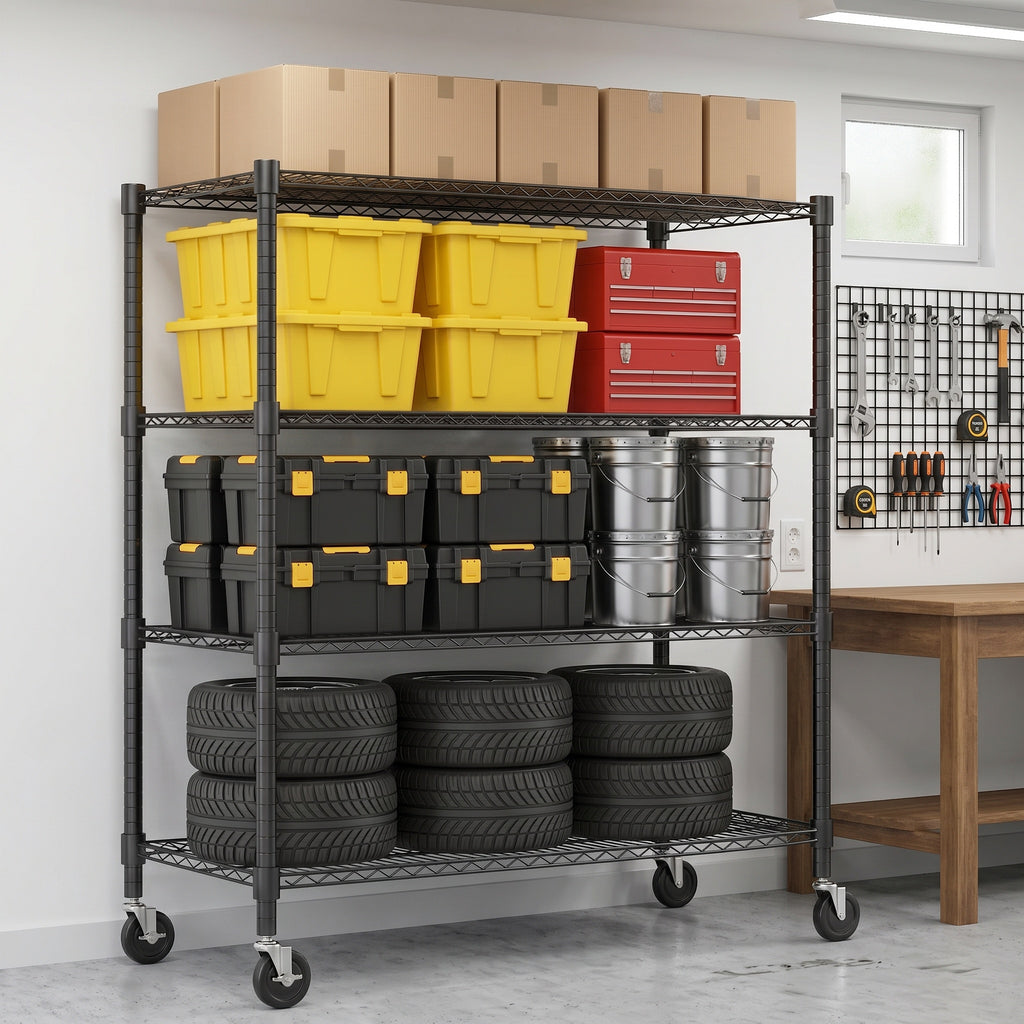 Legooin 48x18x72 inch Heavy Duty Wire Shelf on Wheels Garage Rack Shelving Unit Industrial Shelf Residential Storage 2000lbs Capacity, Black