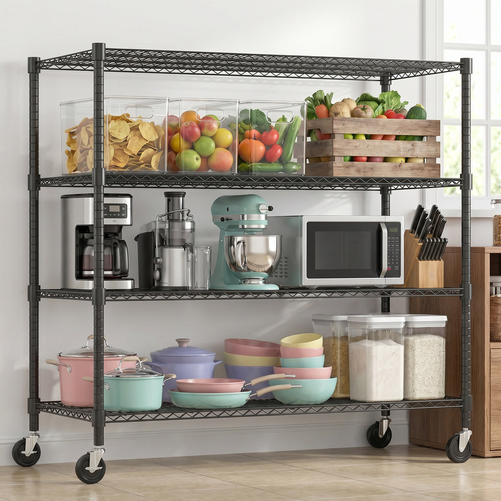 Legooin 60" x 24" x 72" Heavy Duty Garage Storage Shelf Rolling Wire Rack Height Adjustable Steel Shelves for Industrial Residential Use, Black