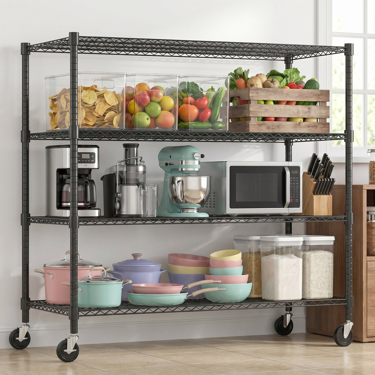 Legooin 60" x 24" x 72" Heavy Duty Garage Storage Shelf Rolling Wire Rack Height Adjustable Steel Shelves for Industrial Residential Use, Black