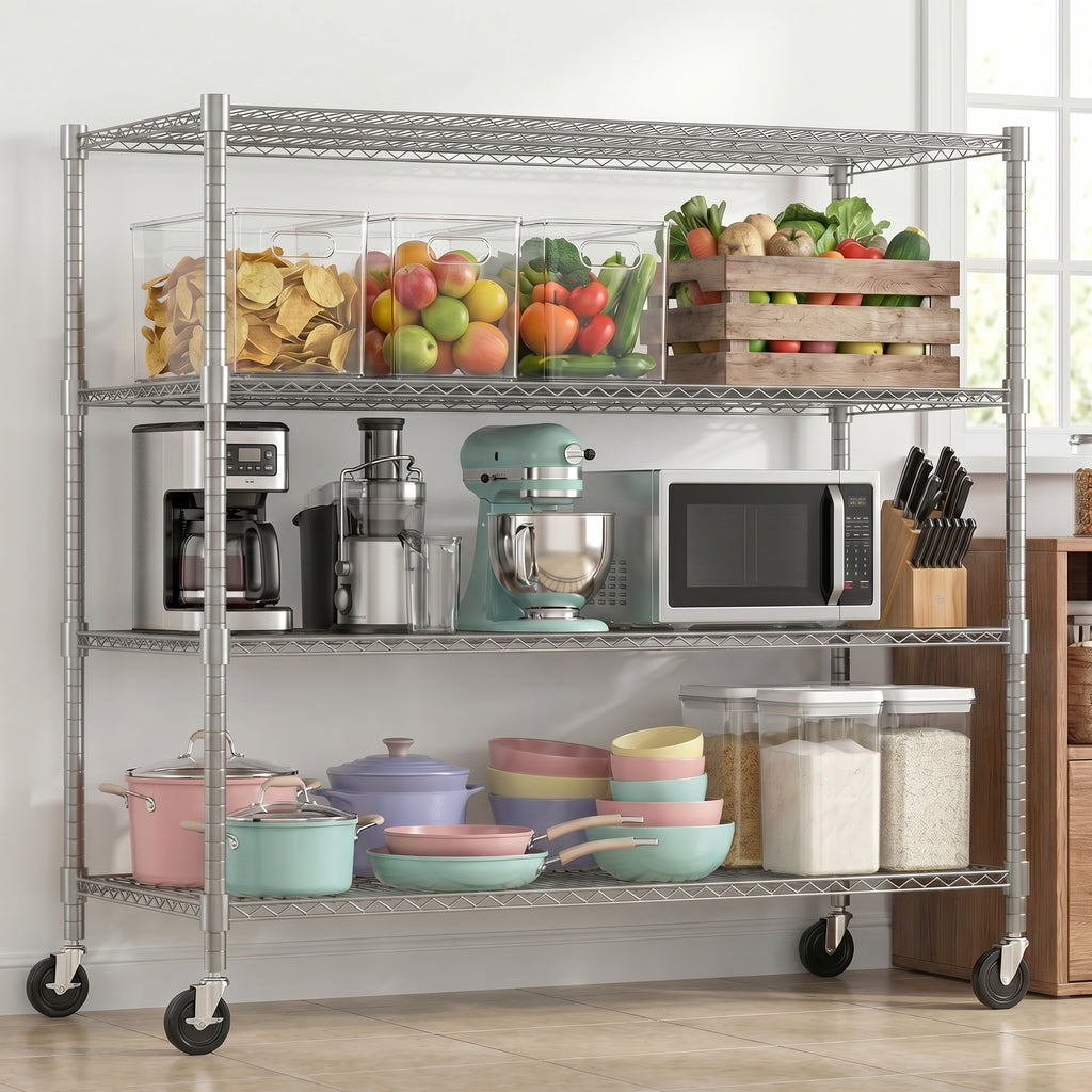 Legooin 24x60x72 inch Heavy-Duty Shelving for Garage Storage 4-Tier Industrial Shelf on Wheels Metal Storage Rack Capacity for 2600 lbs, Silver