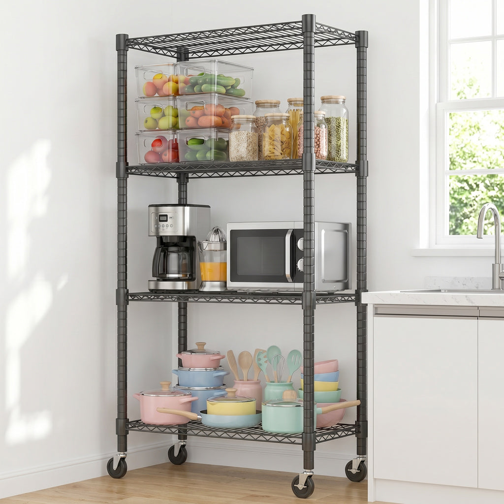 Legooin 30"x14"x72" Kitchen Storage Rack Wire Shelving Unit on Wheels Height Adjustable Metal Shelf for Pantry Office, Black
