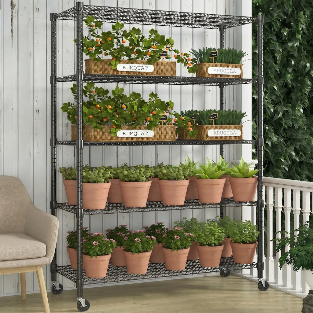 Legooin 5-Tier Heavy Duty Storage Rack with Wheels Industrial Shelving Unit Wire Shelf for Garage Warehouse Pantry, 48"W x 24"D x 82"H, Black