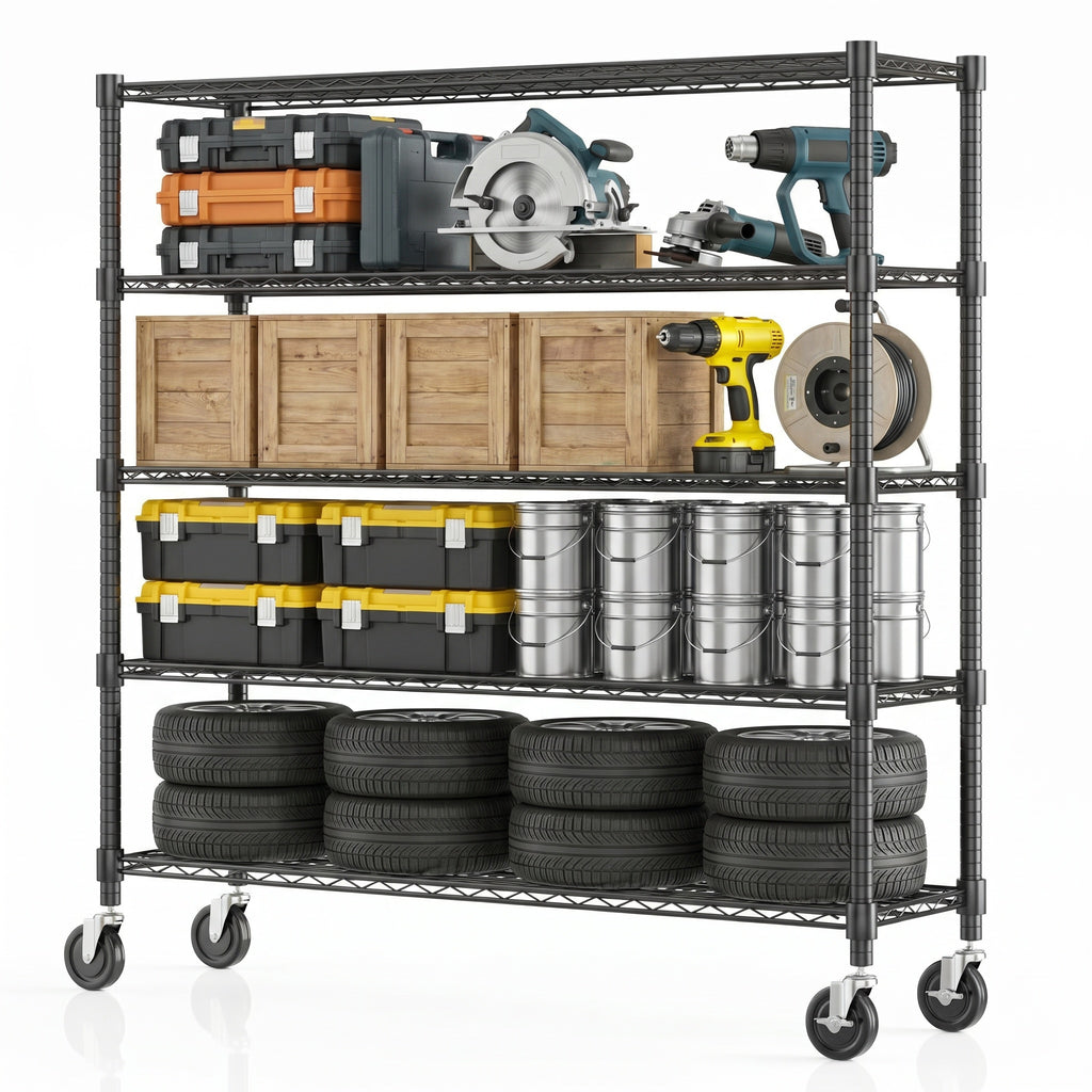 Legooin 5-Tier Heavy Duty Garage Storage Rack Rolling Shelving Unit with Wheels 18x60x82 inch Industrial Wire Shelves, Black