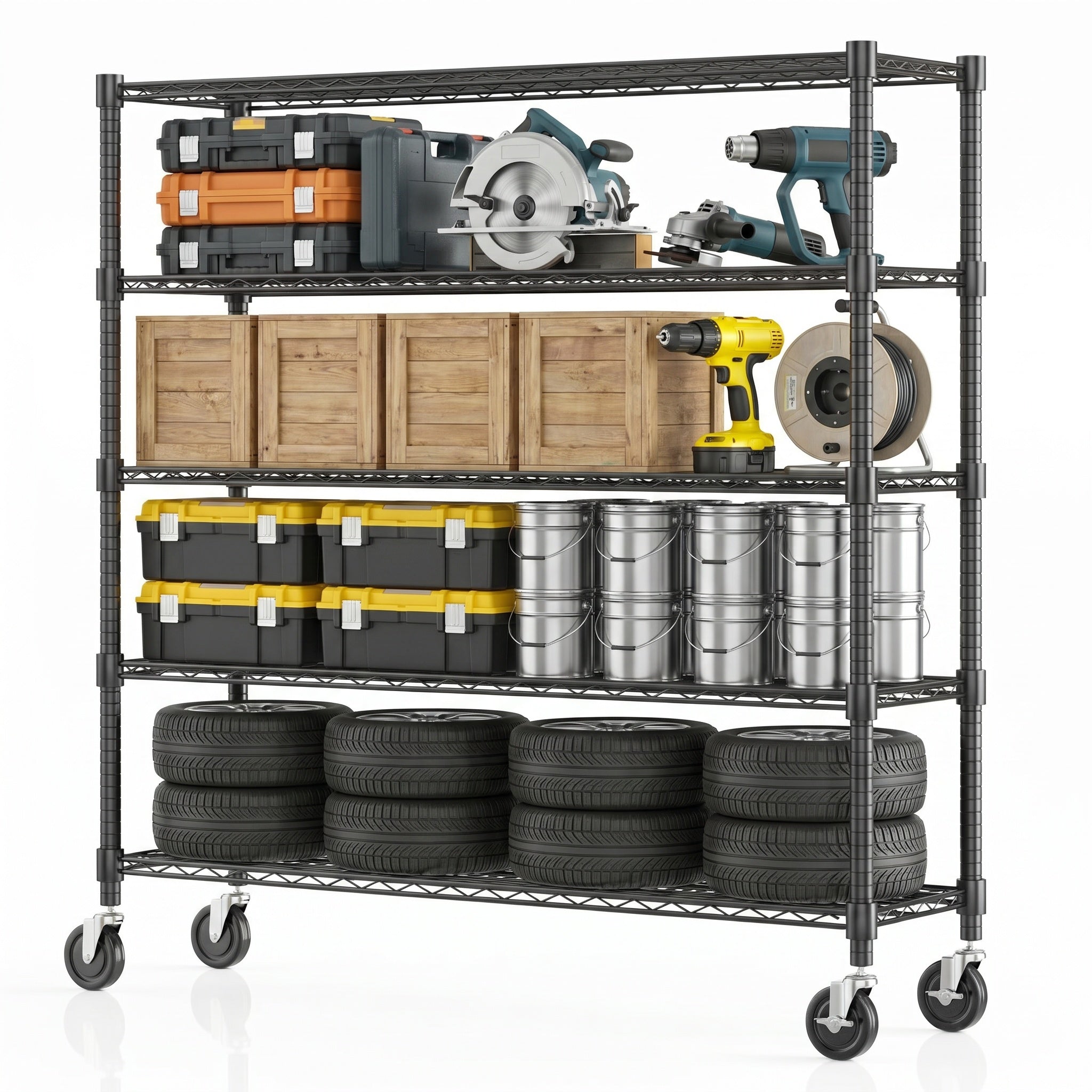 Legooin 5-Tier Heavy Duty Garage Storage Rack Rolling Shelving Unit with Wheels 18x60x82 inch Industrial Wire Shelves, Black