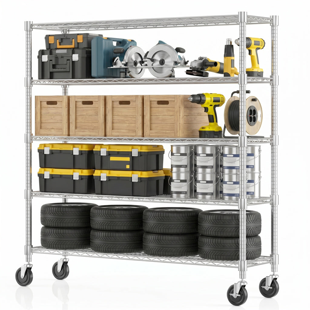 Legooin 5-Tier Garage Shelving Unit on Wheels 60"W x 18"D x 82"H Industrial Storage Rack Heavy Duty Wire Shelves, Silver
