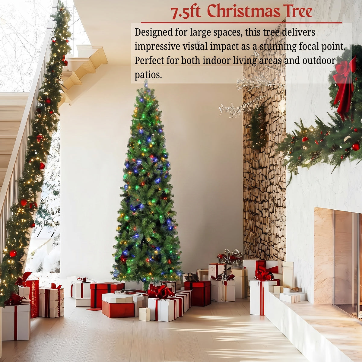 Legooin 7.5FT Pre-Lit Pencil Christmas Tree with 350 Multicolor LED Lights, 980 PVC Branch Tips, Slim Artificial Christmas Tree, Green