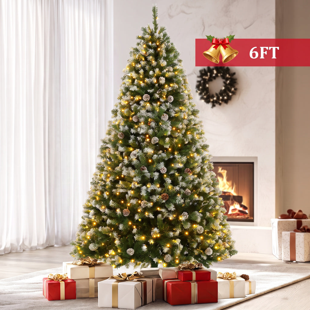 Legooin 6FT Pre-Lit Christmas Tree with Warm-color Lights, Realistic Flocked Xmas Tree with Pinecone Decorations, for Christmas Holiday Decor, Green