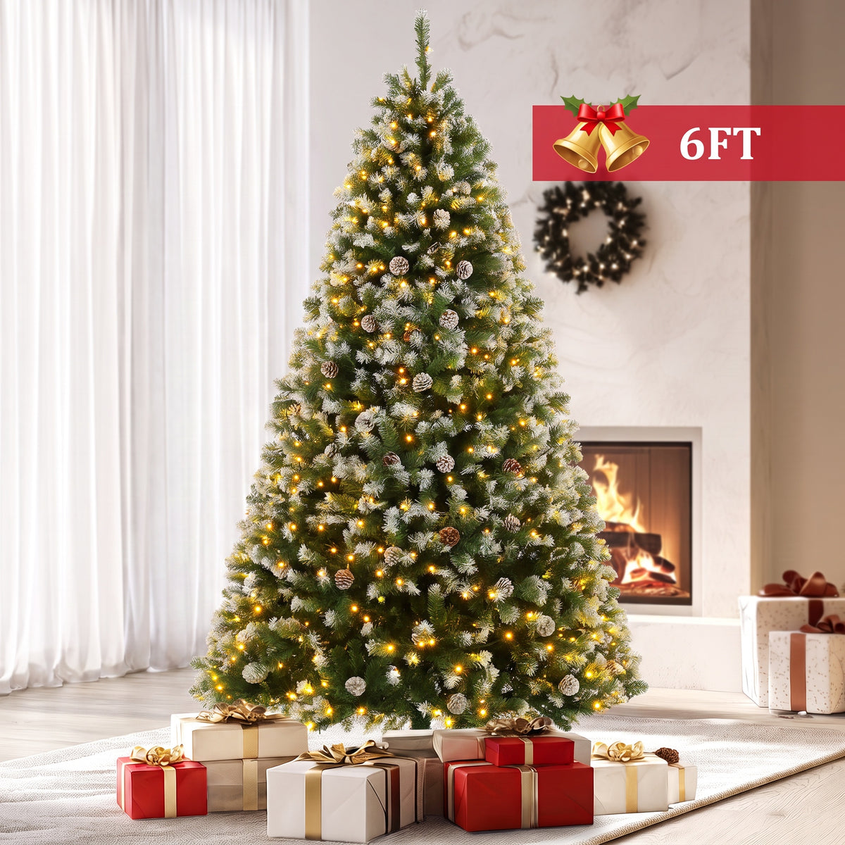 Legooin 6FT Pre-Lit Christmas Tree with Warm-color Lights, Realistic Flocked Xmas Tree with Pinecone Decorations, for Christmas Holiday Decor, Green