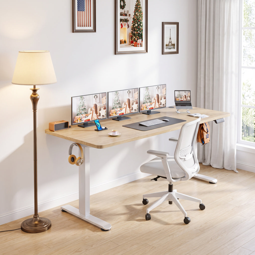 Legooin 70"W Extra Wide Sit-Stand Desk Mobile Gaming Table with USB Port for Home Office, Oak