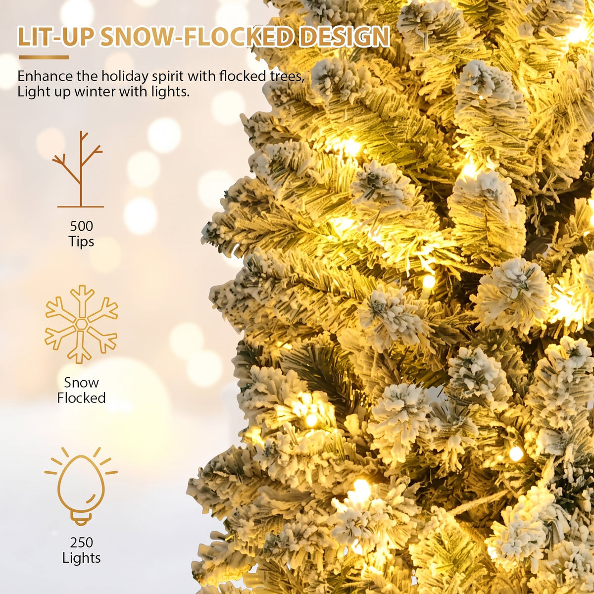 Legooin 6FT Slim Flocked Christmas Tree with 250 Warm White Lights, 500 PVC Branch Tips, Hinged Artificial Tree for Christmas Decor