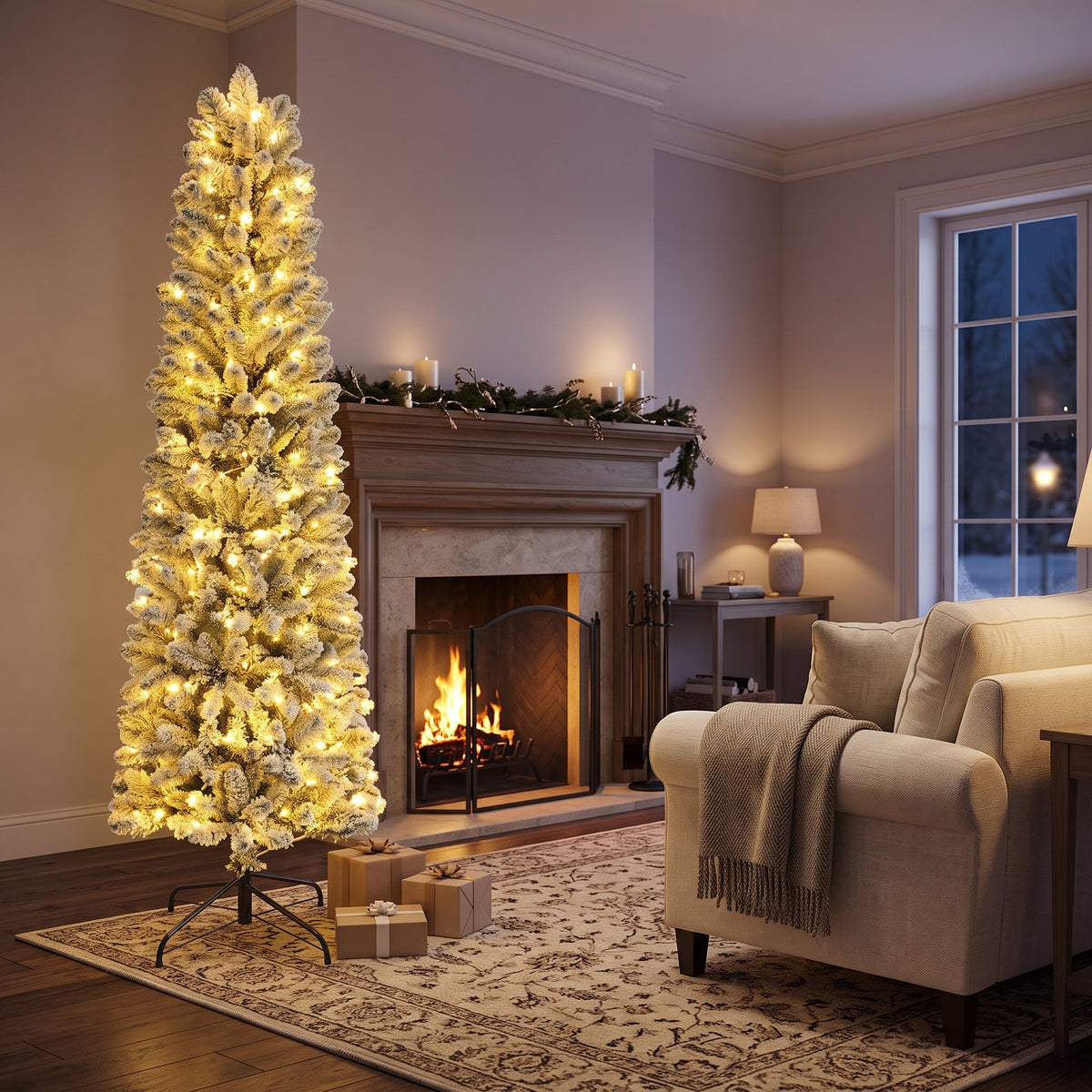 Legooin 6FT Slim Flocked Christmas Tree with 250 Warm White Lights, 500 PVC Branch Tips, Hinged Artificial Tree for Christmas Decor