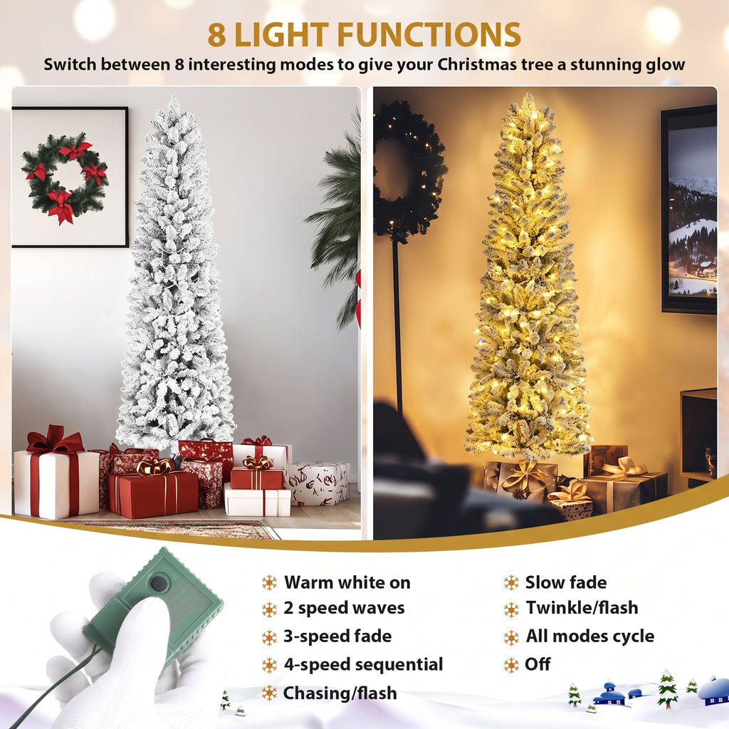 Legooin 6FT Slim Flocked Christmas Tree with 250 Warm White Lights, 500 PVC Branch Tips, Hinged Artificial Tree for Christmas Decor
