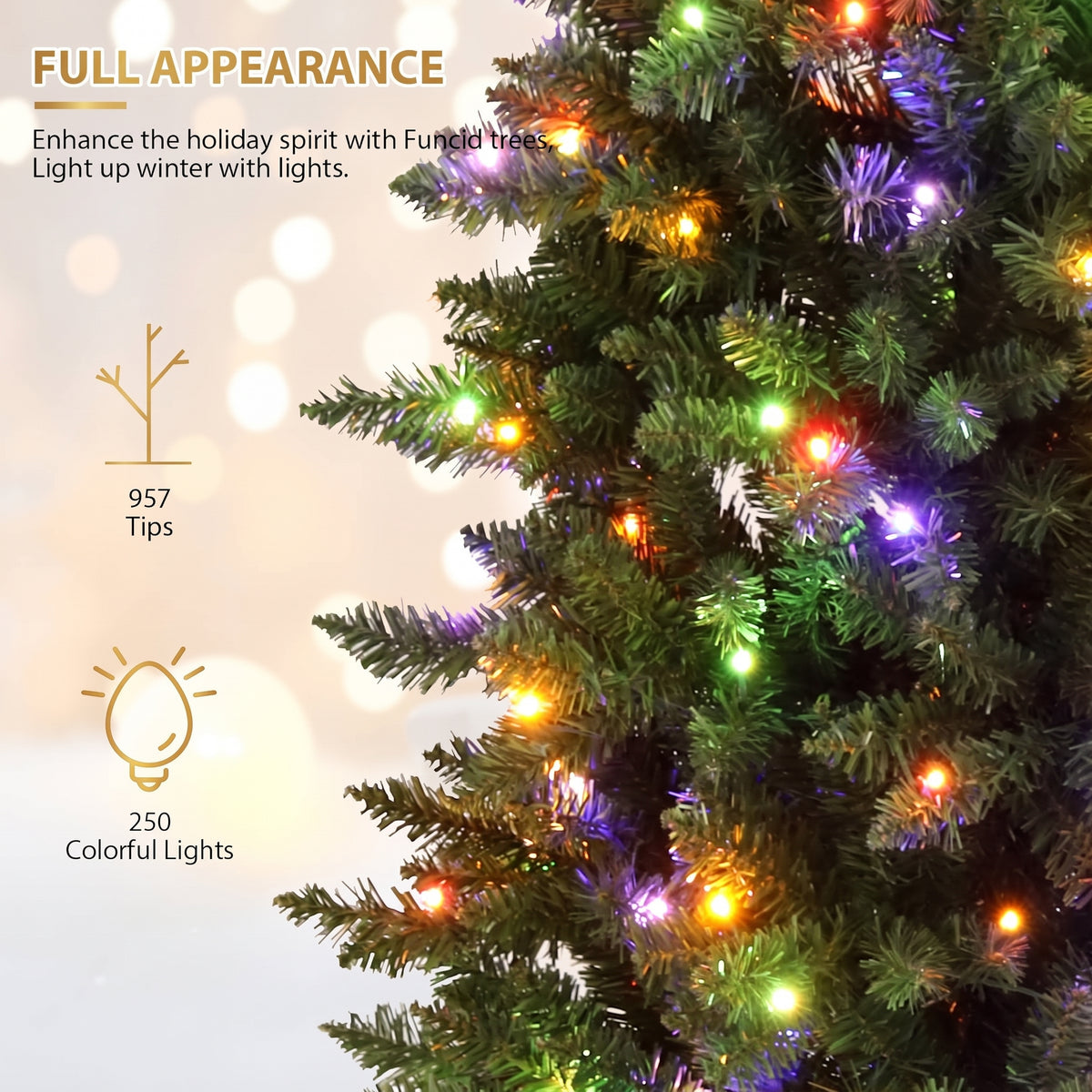 Legooin 6.5FT Pre-Lit Realistic Christmas Tree Slim Artificial Tree Pencil Decorative Xmas Tree with 700 Branch Tips 250 Multicolor Lights 50 Pinecones 50 Berries, Green